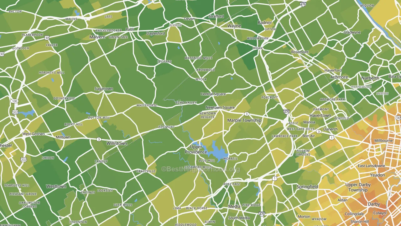 Map of the best neighborhoods in the Newtown Square area, with better matches in green and worse matches in red