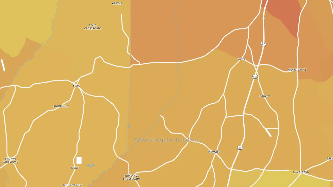 Map of the best neighborhoods in the Newville area, with better matches in green and worse matches in red