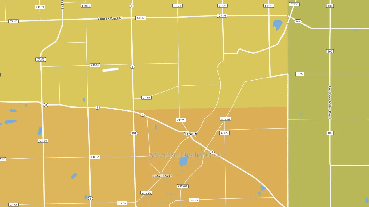 Map of the best neighborhoods in the Newville area, with better matches in green and worse matches in red