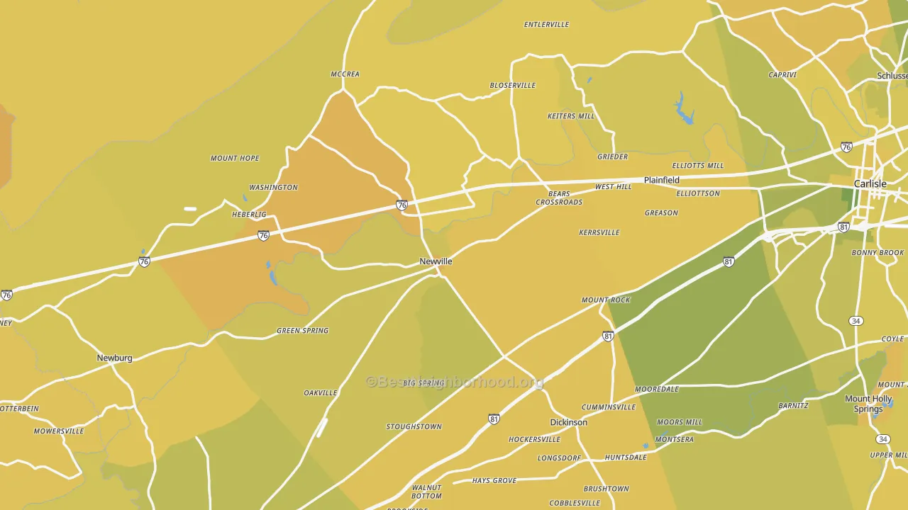 Map of the best neighborhoods in the Newville area, with better matches in green and worse matches in red