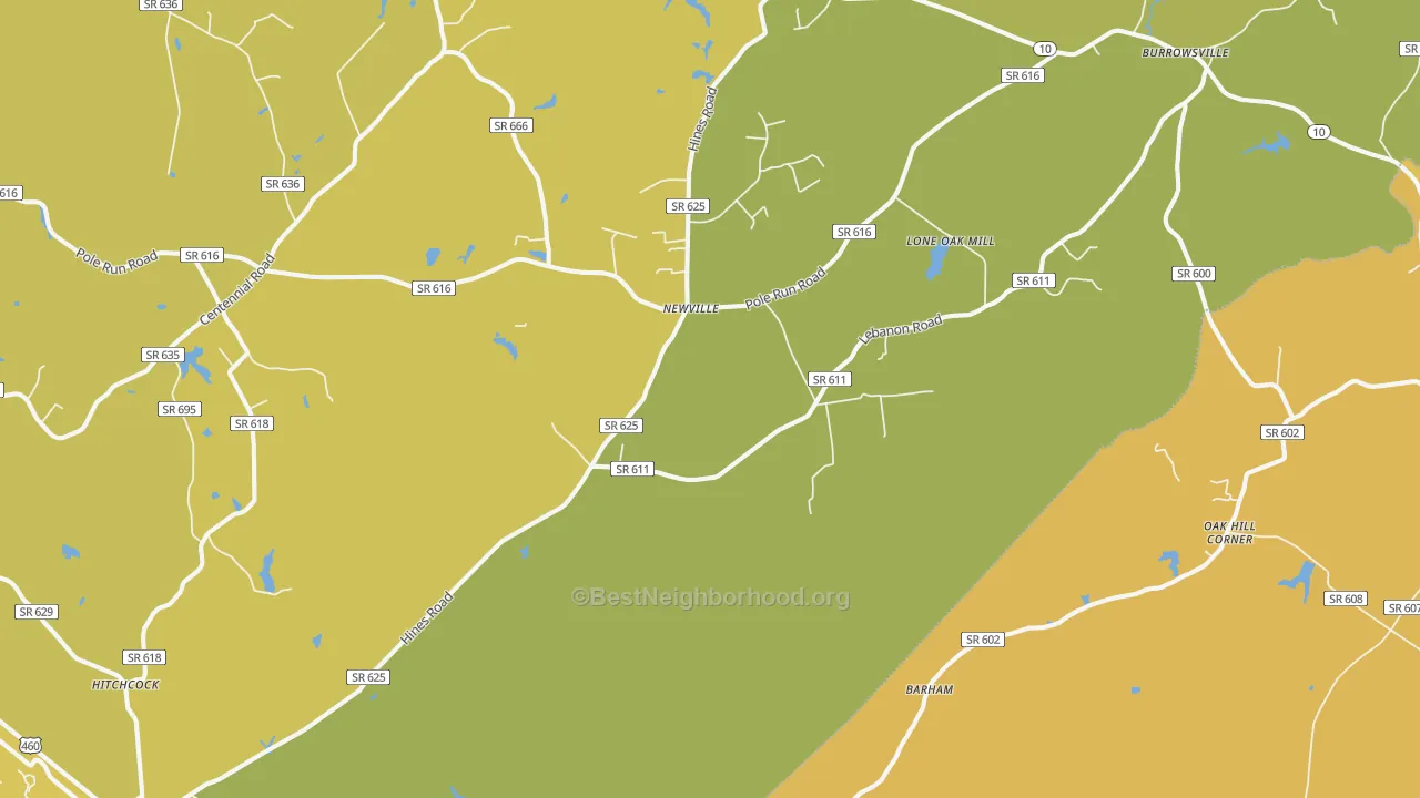 Map of the best neighborhoods in the Newville area, with better matches in green and worse matches in red