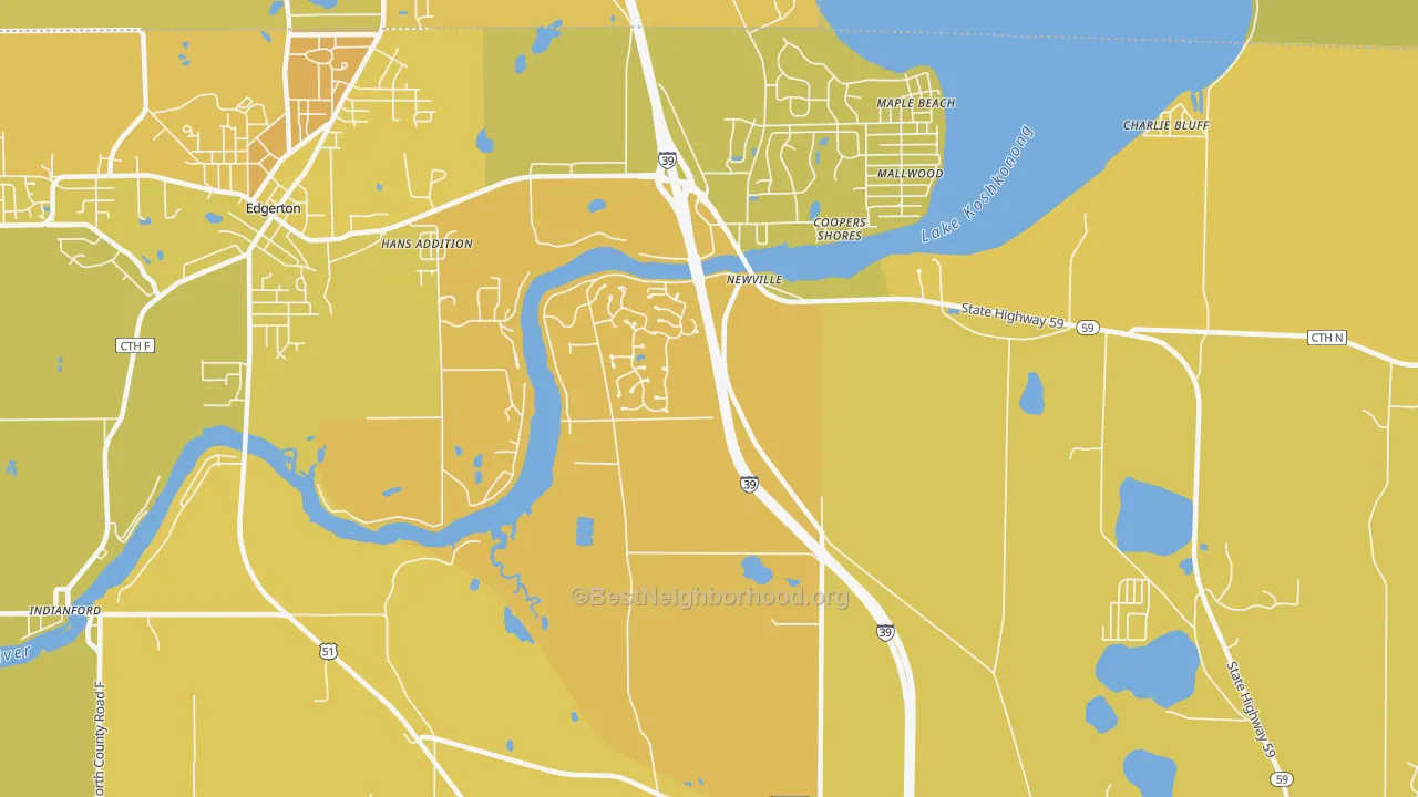 Map of the best neighborhoods in the Newville area, with better matches in green and worse matches in red