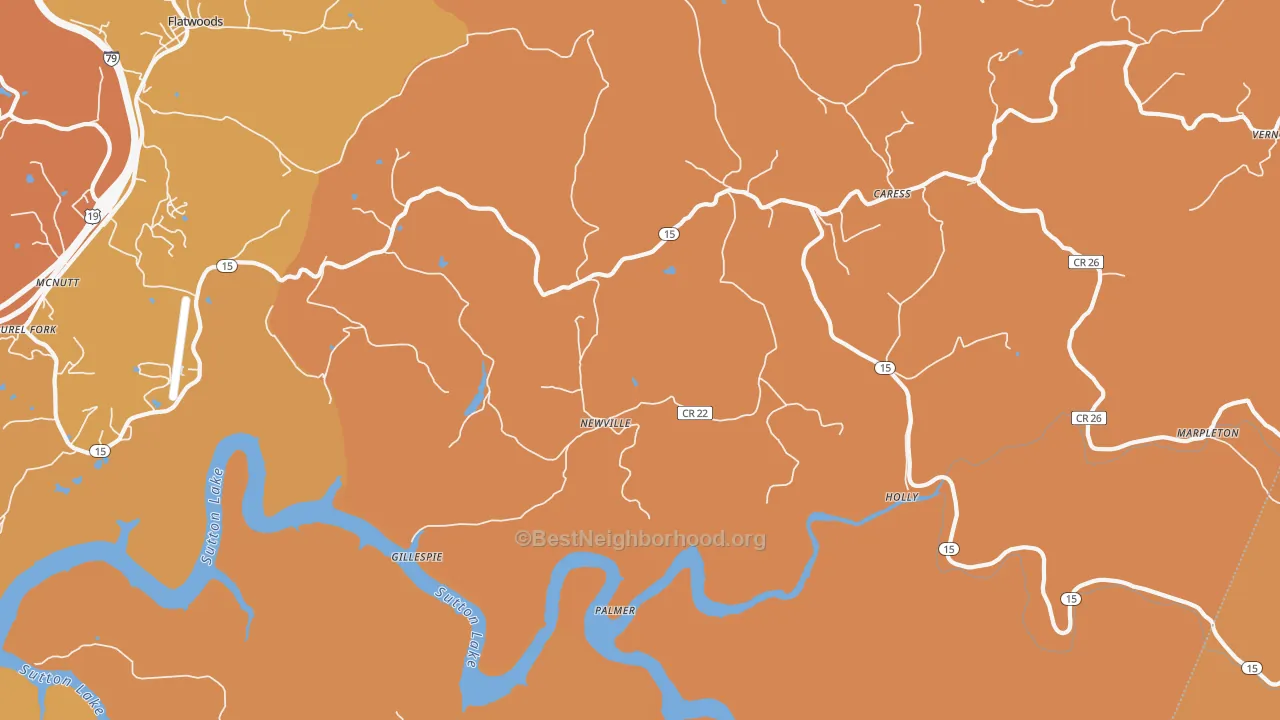 Map of the best neighborhoods in the Newville area, with better matches in green and worse matches in red
