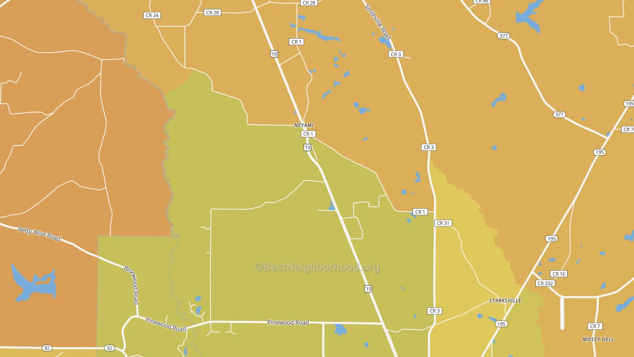 Map of the best neighborhoods in the Neyami area, with better matches in green and worse matches in red