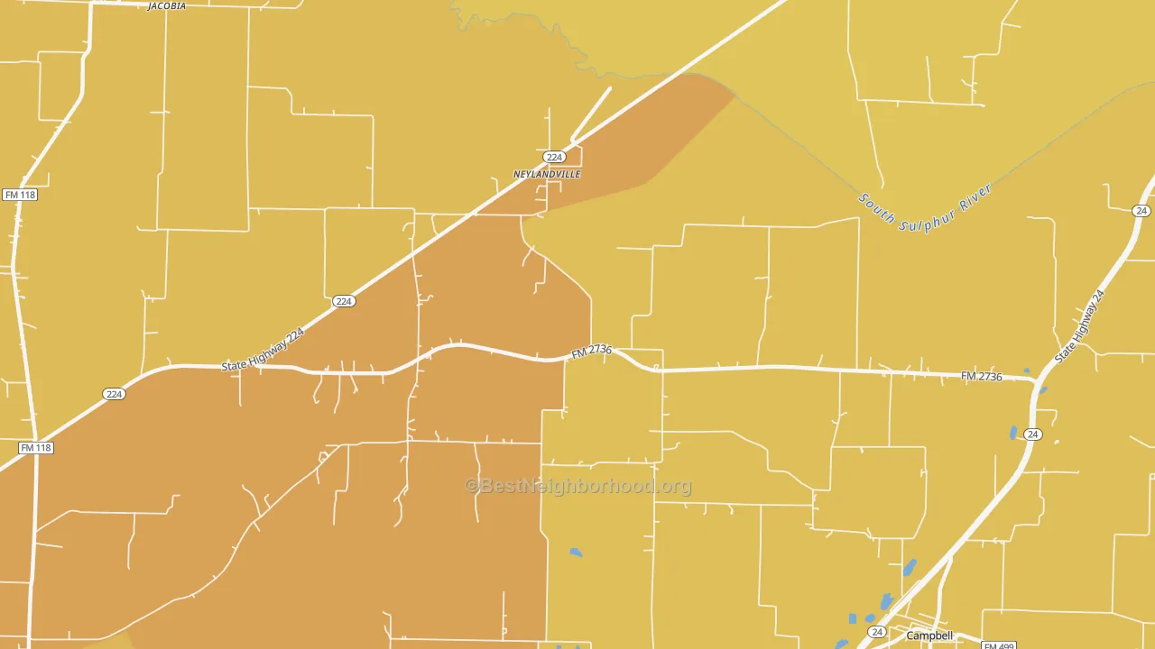 Map of the best neighborhoods in the Neylandville area, with better matches in green and worse matches in red
