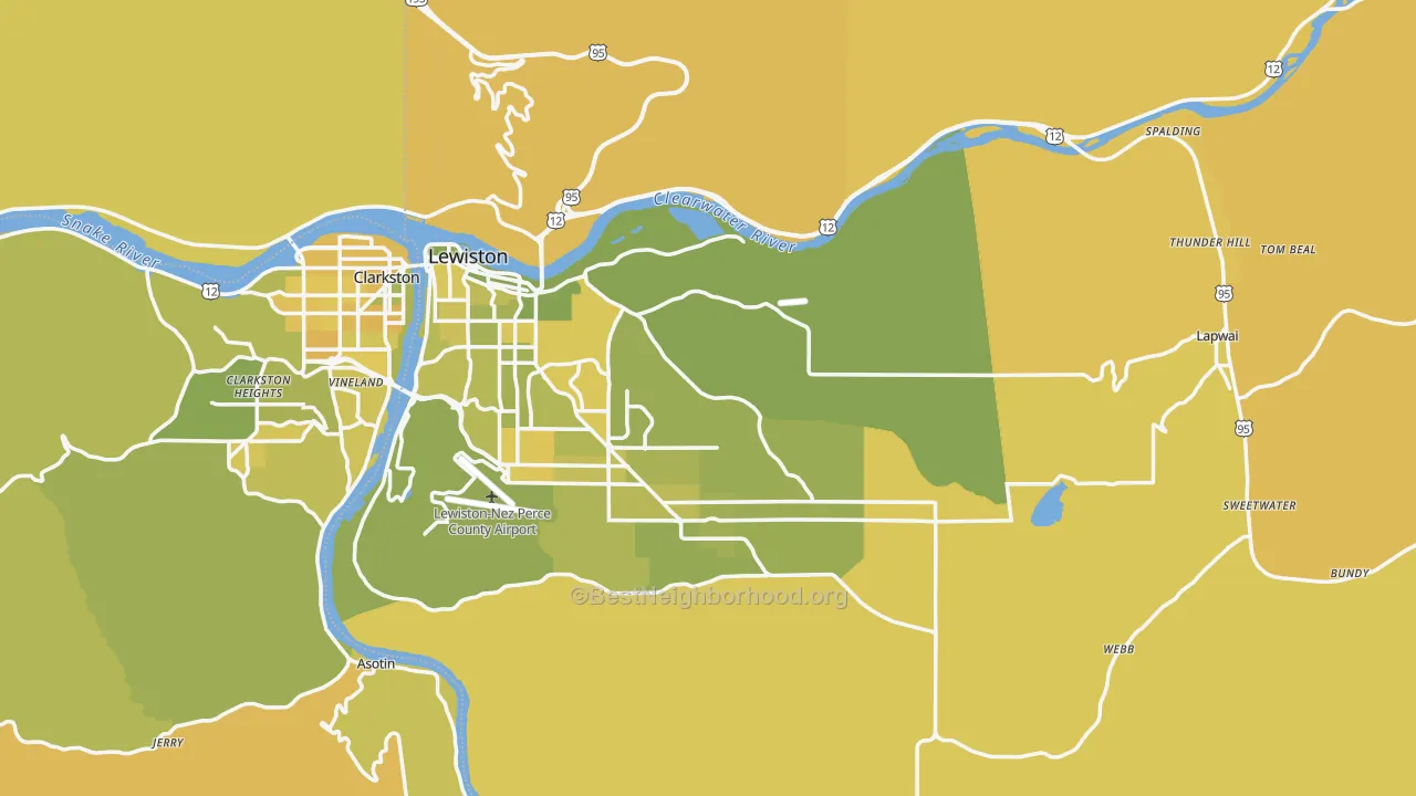 Map of the best neighborhoods in the Nez Perce County area, with better matches in green and worse matches in red