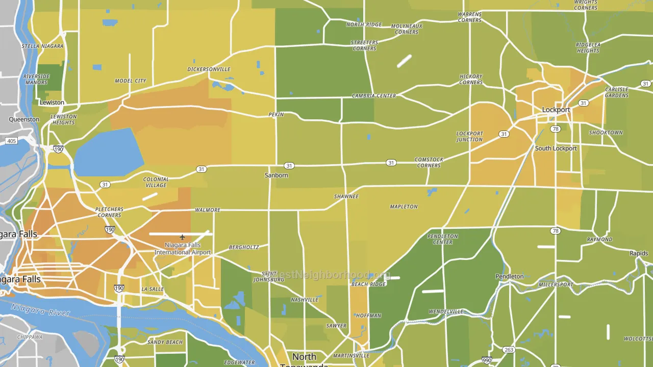 Map of the best neighborhoods in the Niagara County area, with better matches in green and worse matches in red