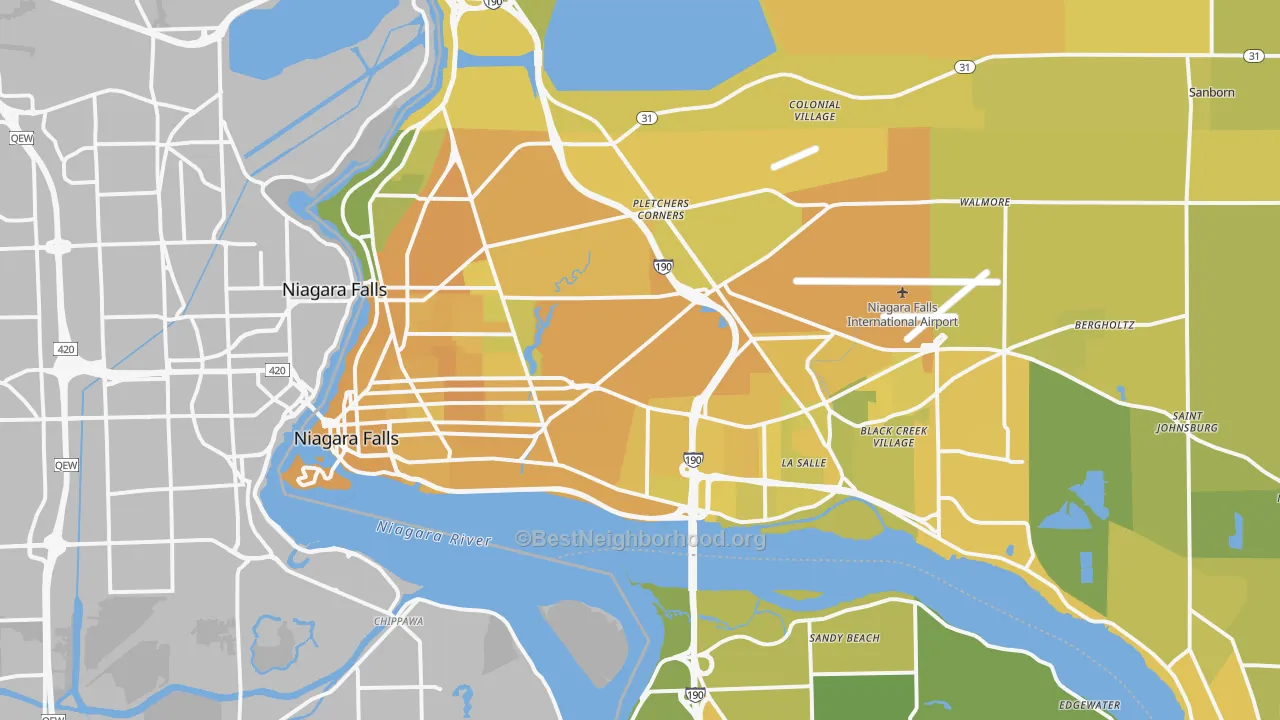 Map of the best neighborhoods in the Niagara Falls area, with better matches in green and worse matches in red