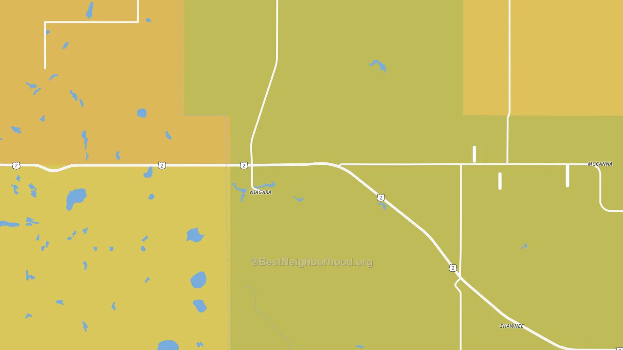 Map of the best neighborhoods in the Niagara area, with better matches in green and worse matches in red