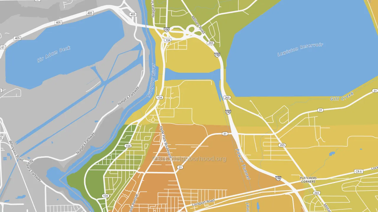 Map of the best neighborhoods in the Niagara University area, with better matches in green and worse matches in red