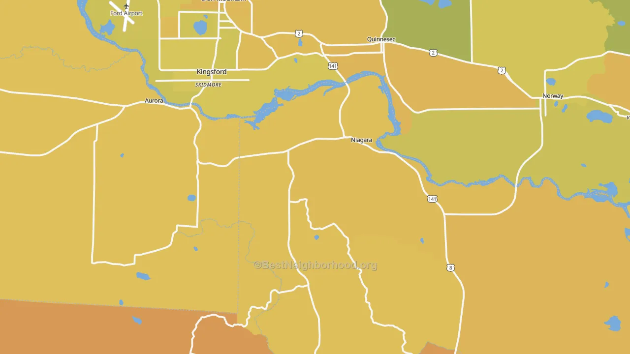Map of the best neighborhoods in the Niagara area, with better matches in green and worse matches in red