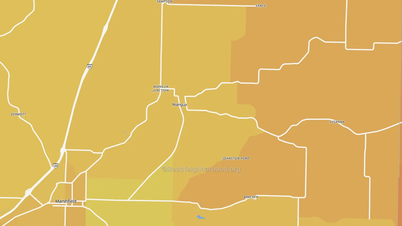 Map of the best neighborhoods in the Niangua area, with better matches in green and worse matches in red