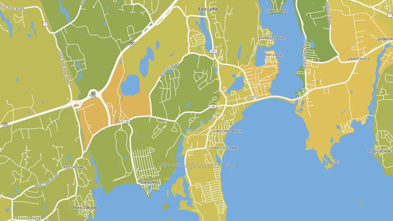 Map of the best neighborhoods in the Niantic area, with better matches in green and worse matches in red