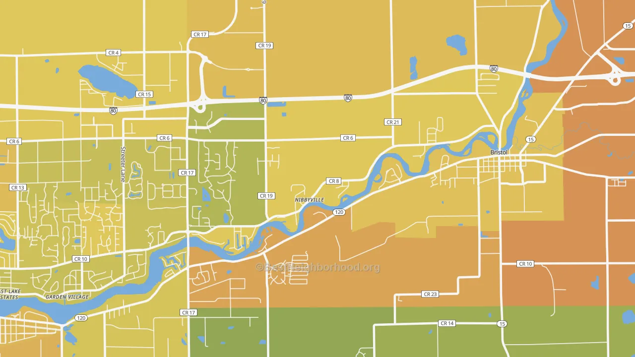Map of the best neighborhoods in the Nibbyville area, with better matches in green and worse matches in red