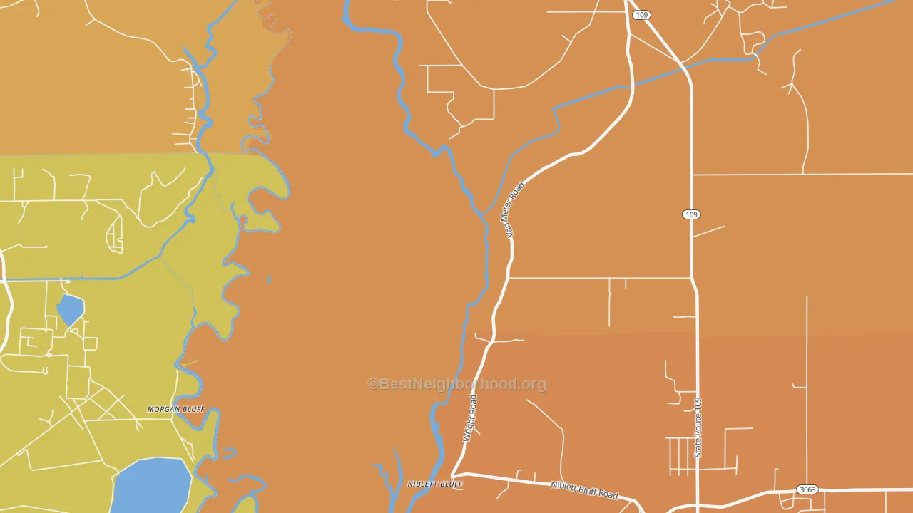 Map of the best neighborhoods in the Niblett Bluff area, with better matches in green and worse matches in red