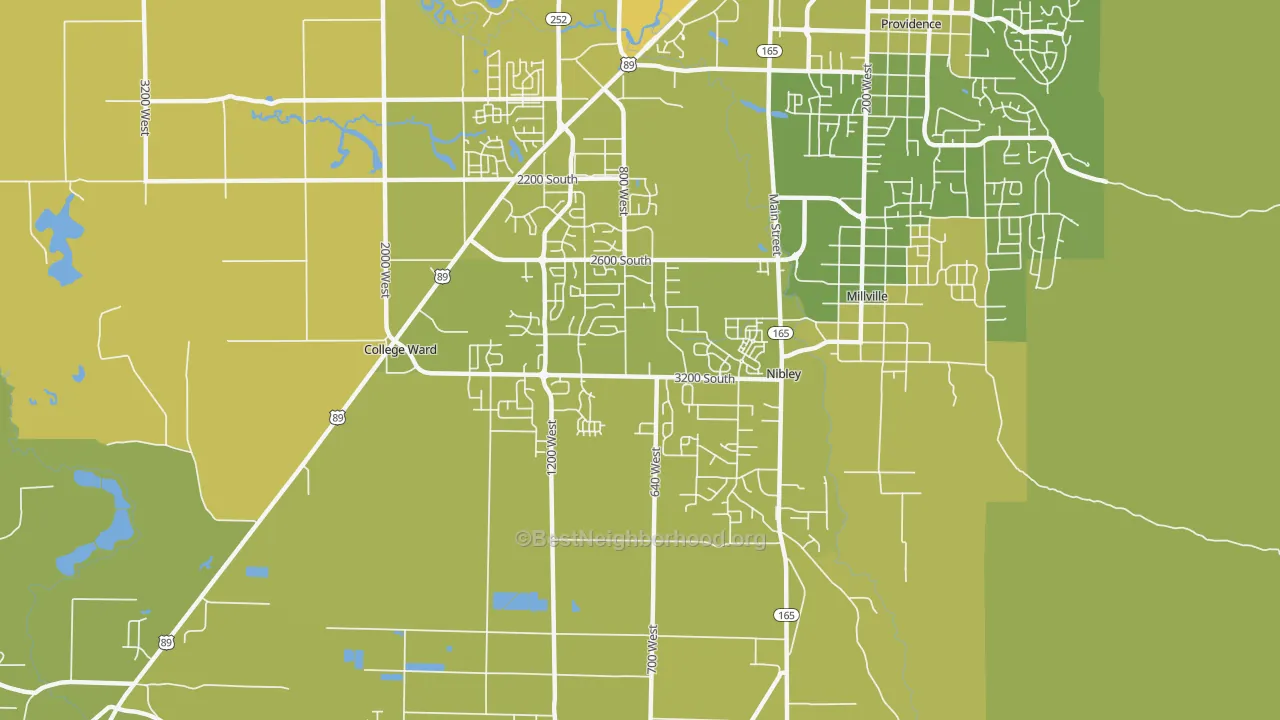 Map of the best neighborhoods in the Nibley area, with better matches in green and worse matches in red
