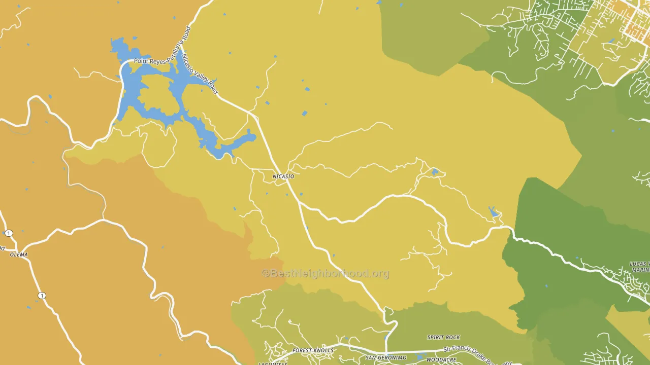 Map of the best neighborhoods in the Nicasio area, with better matches in green and worse matches in red