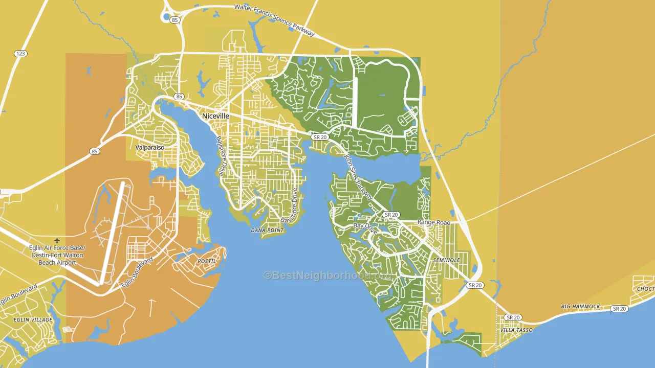 Map of the best neighborhoods in the Niceville area, with better matches in green and worse matches in red