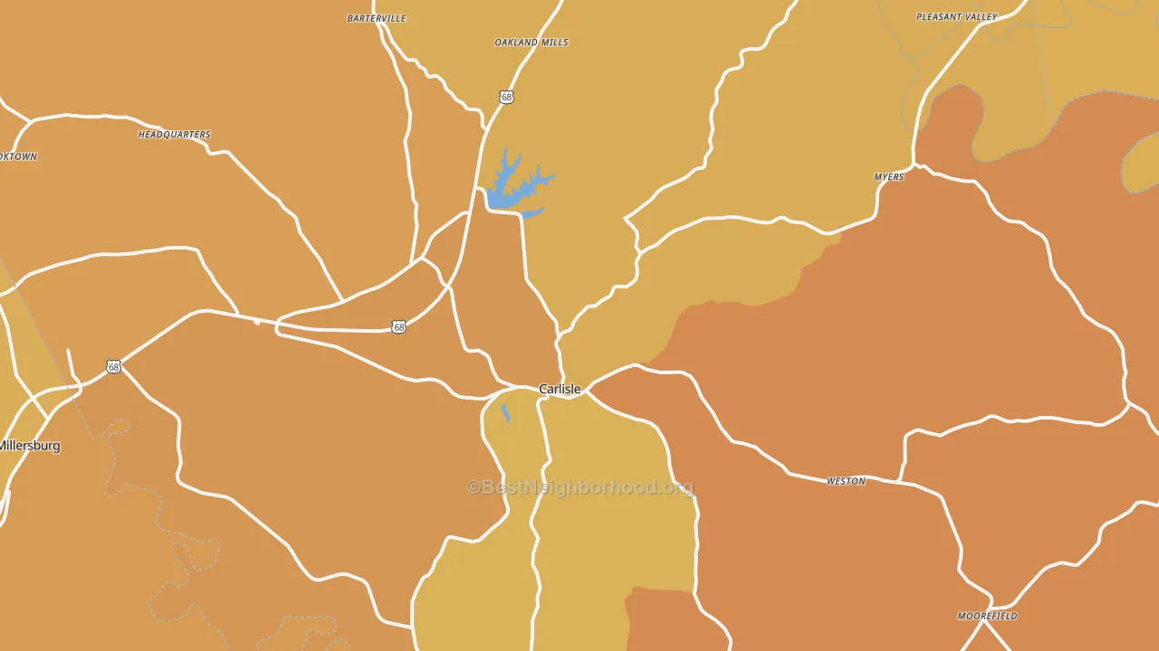 Map of the best neighborhoods in the Nicholas County area, with better matches in green and worse matches in red