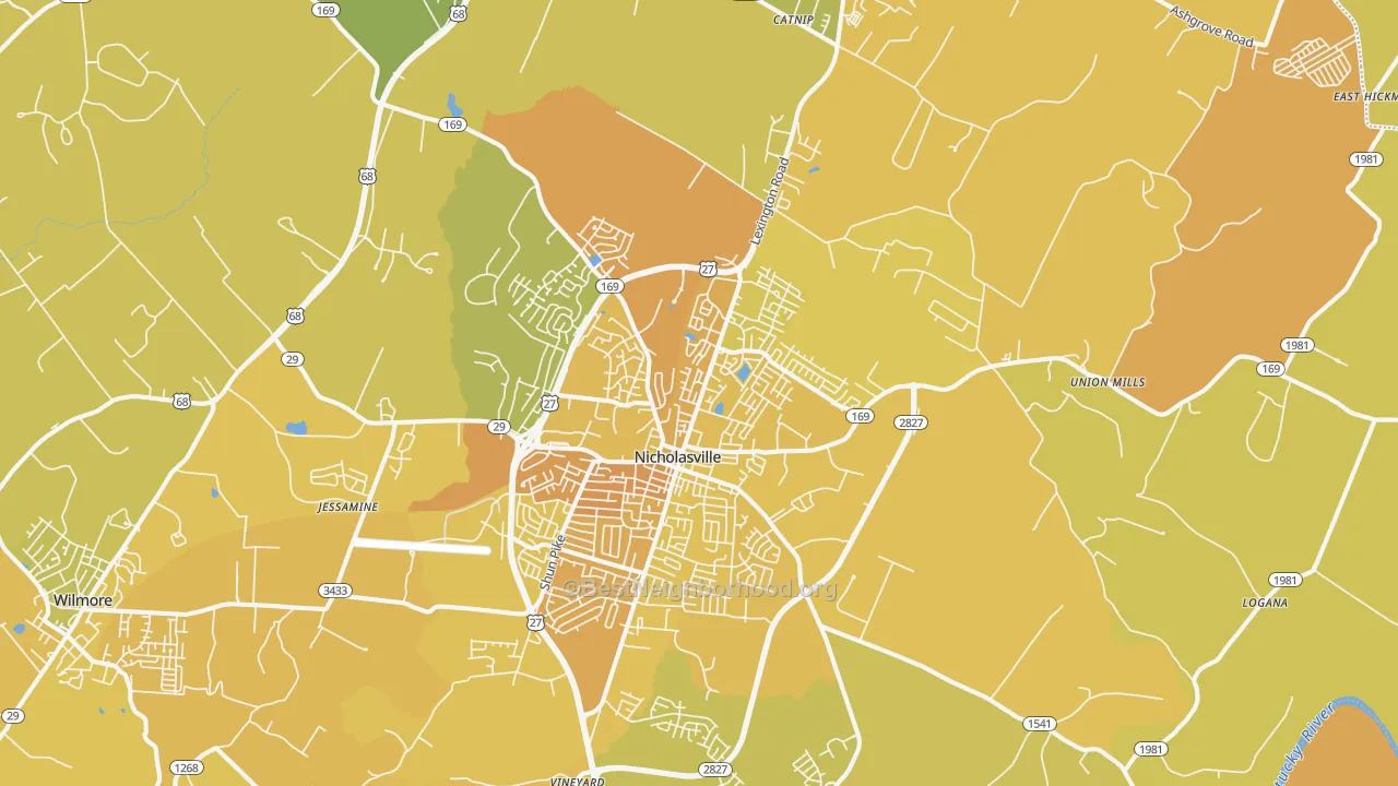 Map of the best neighborhoods in the Nicholasville area, with better matches in green and worse matches in red