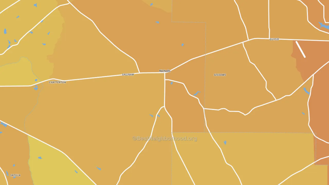 Map of the best neighborhoods in the Nicholls area, with better matches in green and worse matches in red