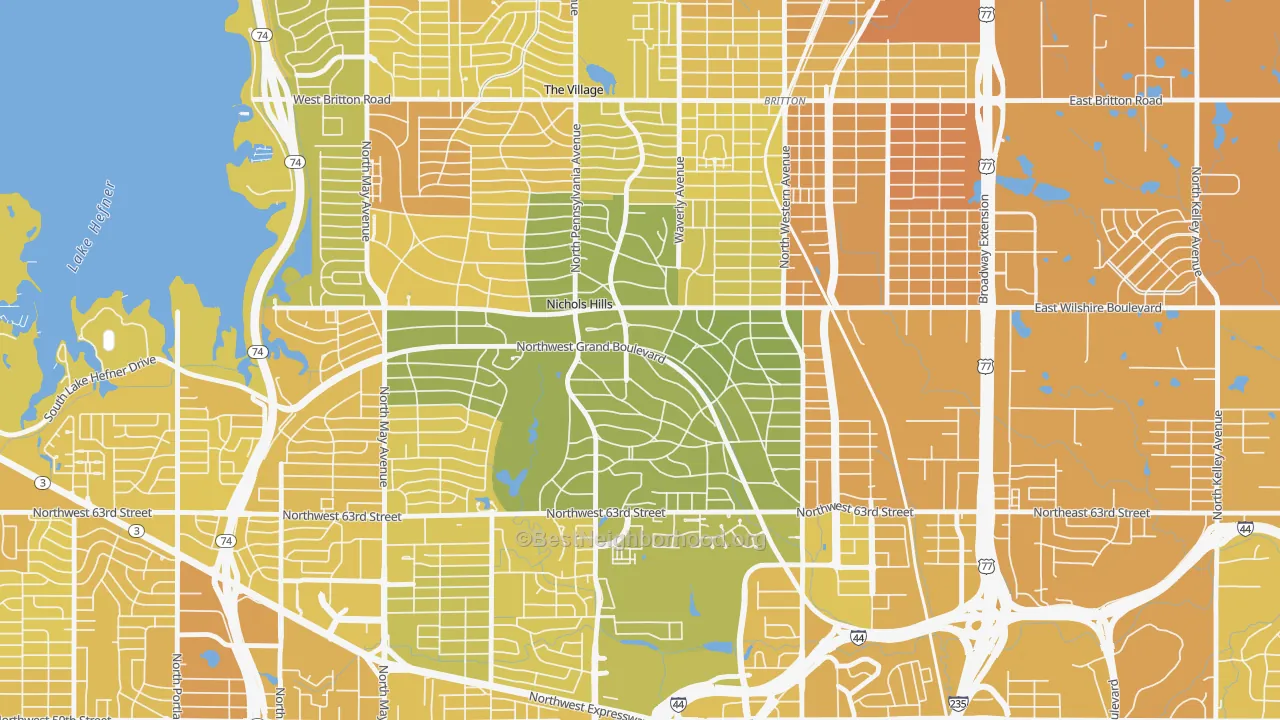 Map of the best neighborhoods in the Nichols Hills area, with better matches in green and worse matches in red