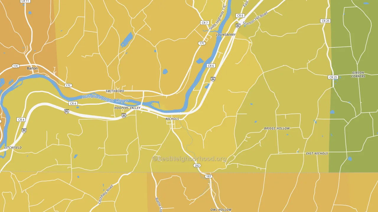 Map of the best neighborhoods in the Nichols area, with better matches in green and worse matches in red