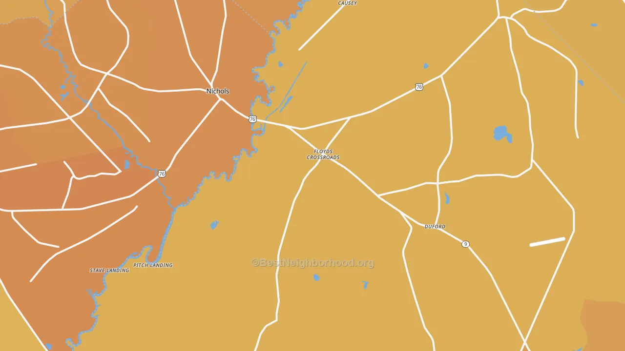 Map of the best neighborhoods in the Nichols area, with better matches in green and worse matches in red