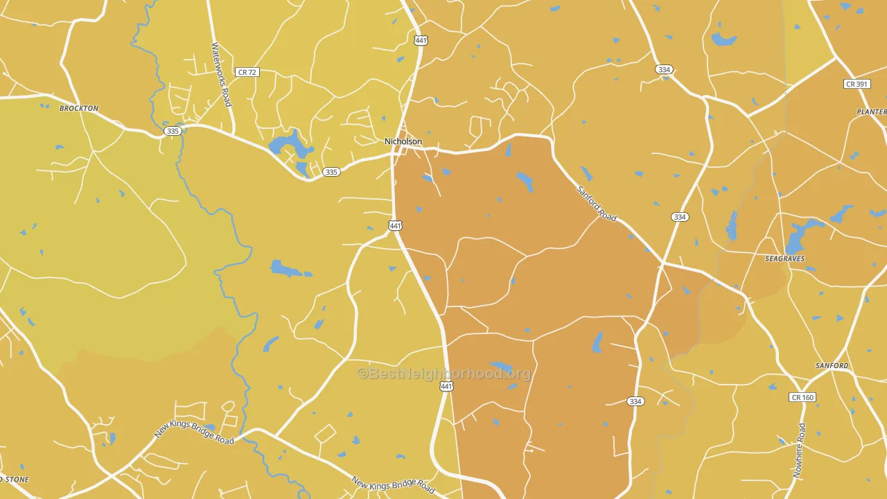Map of the best neighborhoods in the Nicholson area, with better matches in green and worse matches in red