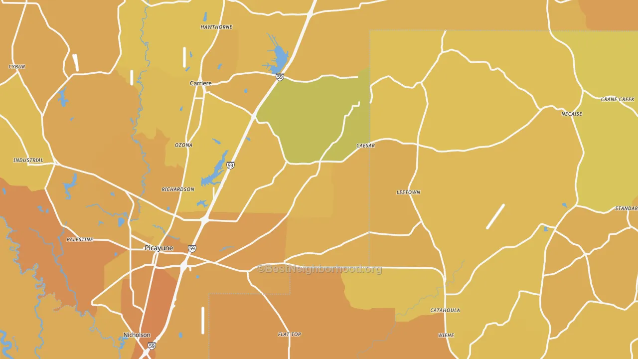 Map of the best neighborhoods in the Nicholson area, with better matches in green and worse matches in red