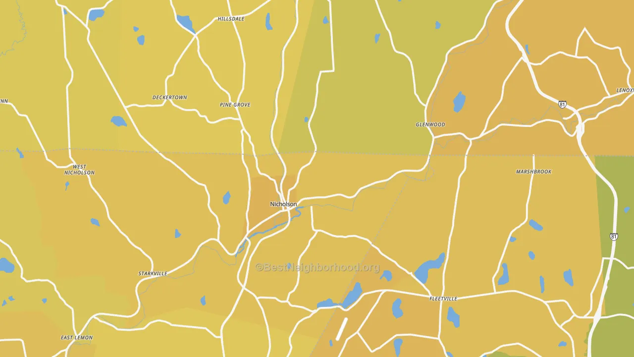 Map of the best neighborhoods in the Nicholson area, with better matches in green and worse matches in red