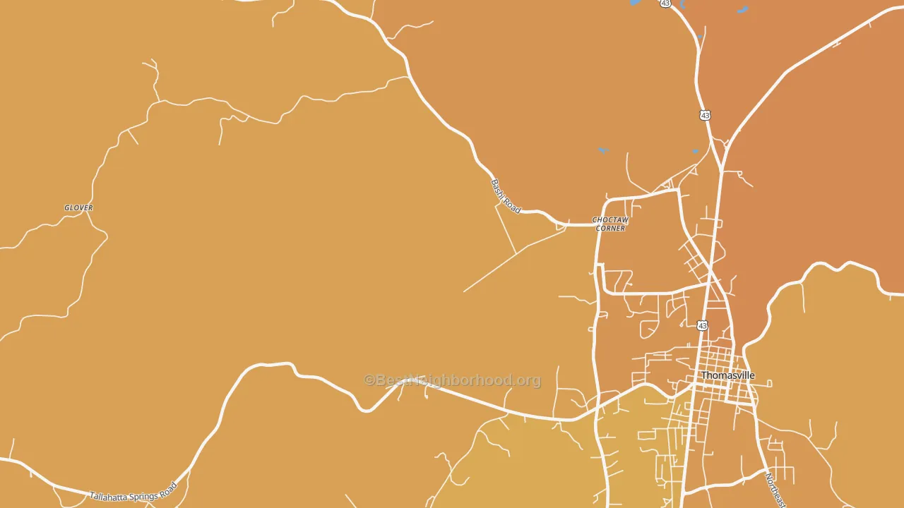 Map of the best neighborhoods in the Nicholsville area, with better matches in green and worse matches in red