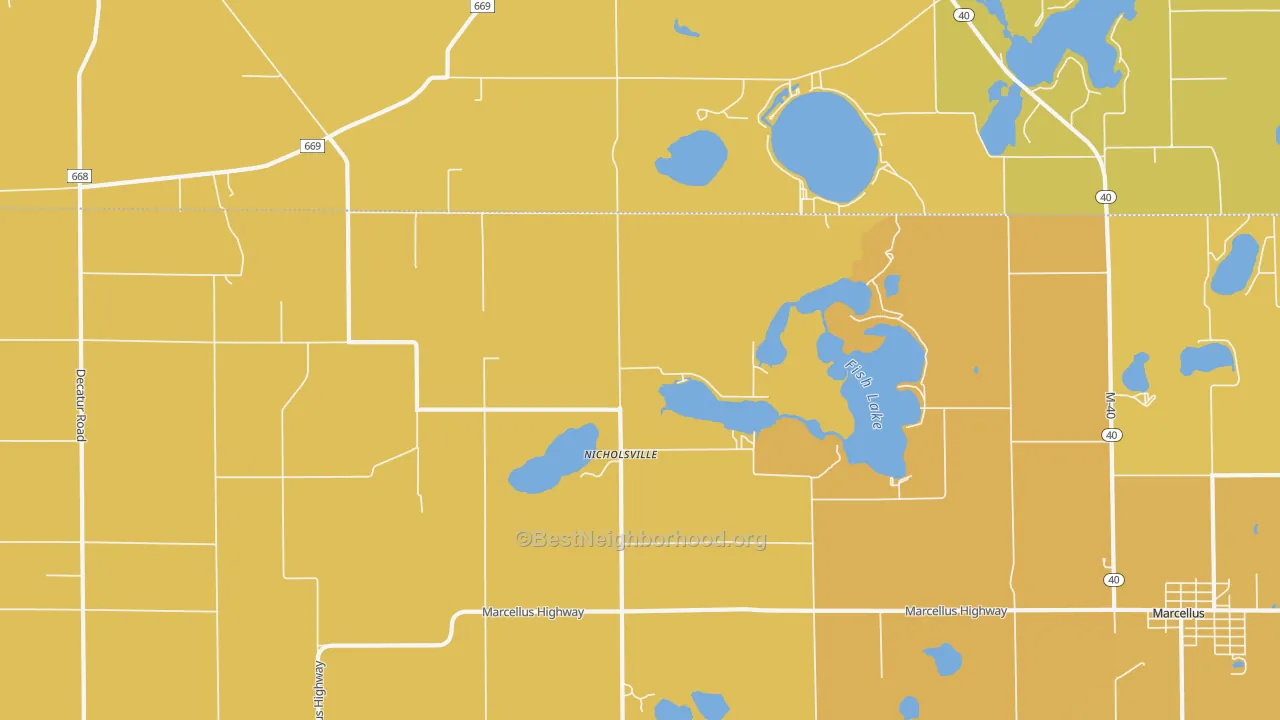 Map of the best neighborhoods in the Nicholsville area, with better matches in green and worse matches in red