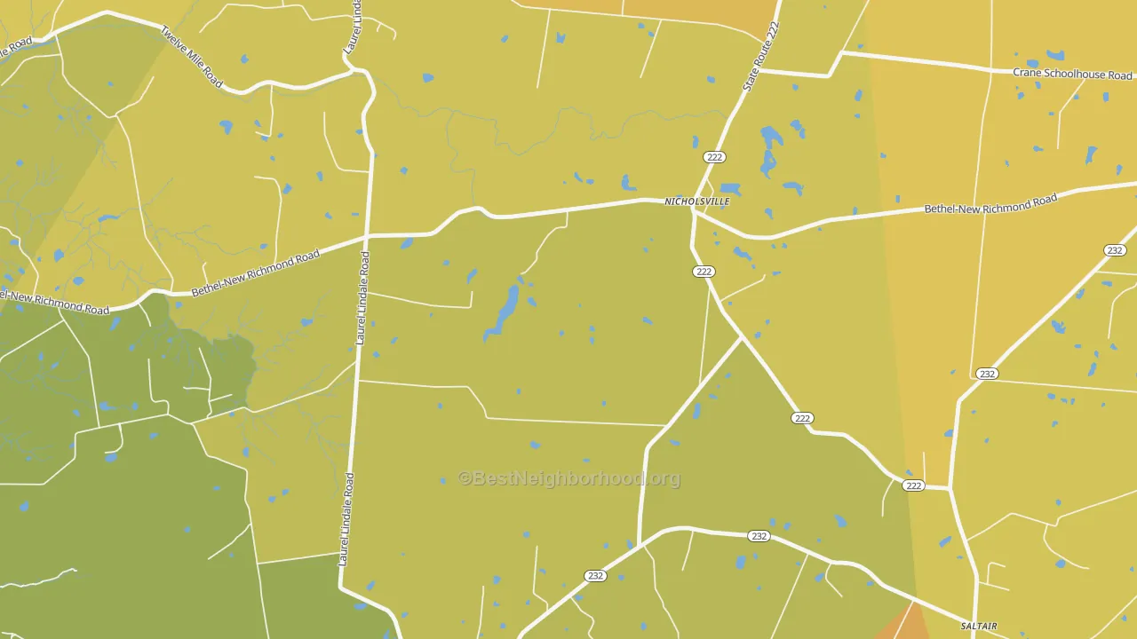 Map of the best neighborhoods in the Nicholsville area, with better matches in green and worse matches in red