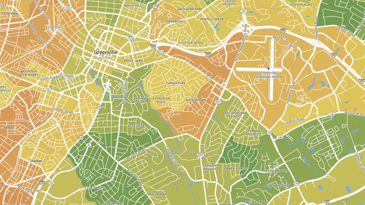 Map of the best neighborhoods in the Nicholtown, Greenville area, with better matches in green and worse matches in red