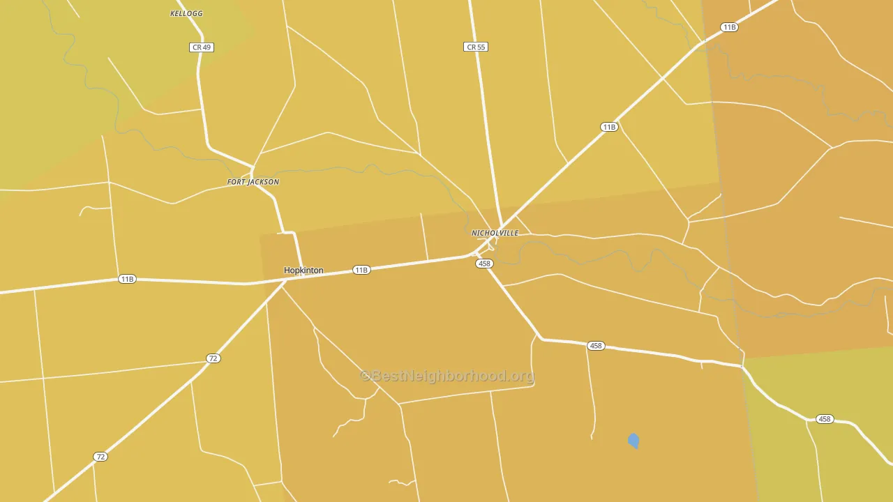 Map of the best neighborhoods in the Nicholville area, with better matches in green and worse matches in red