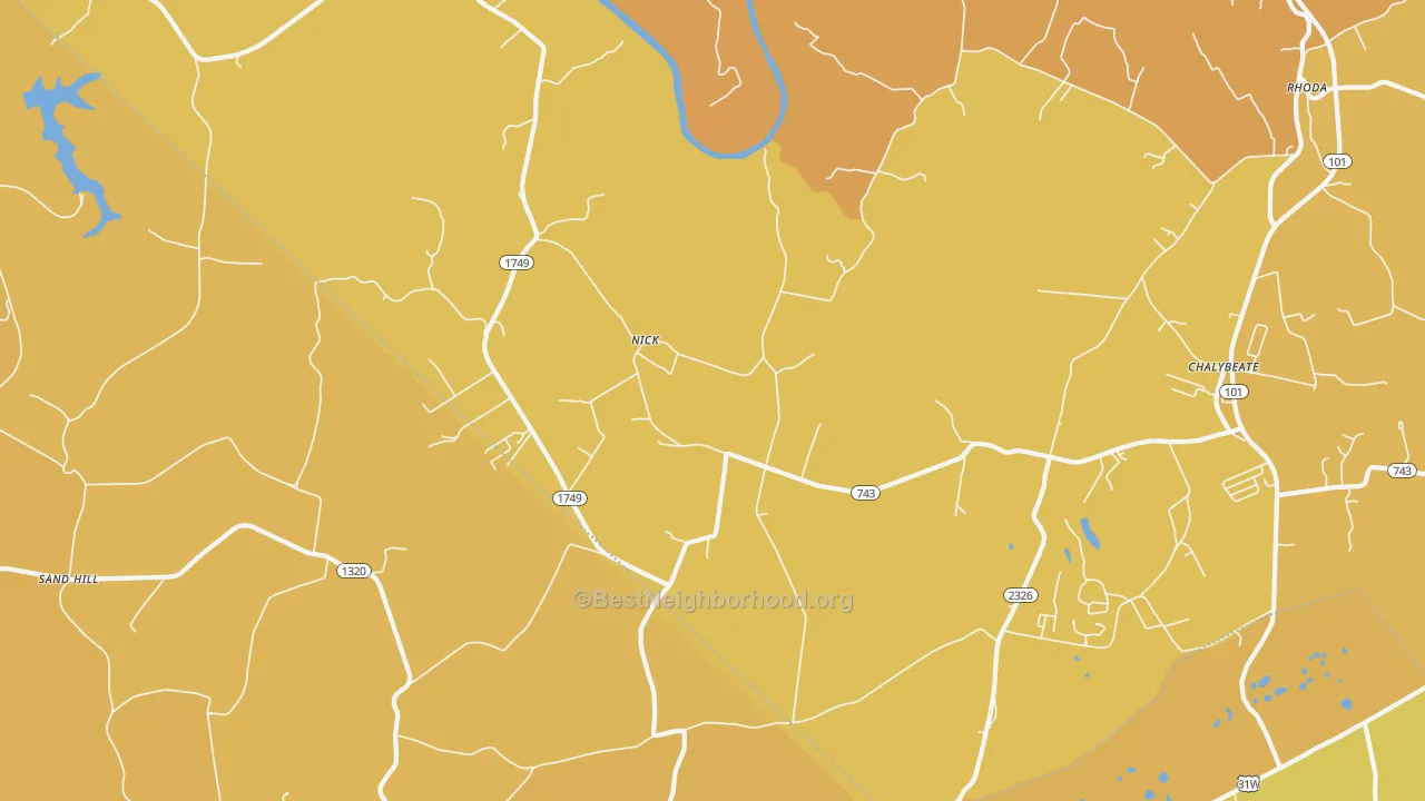 Map of the best neighborhoods in the Nick area, with better matches in green and worse matches in red
