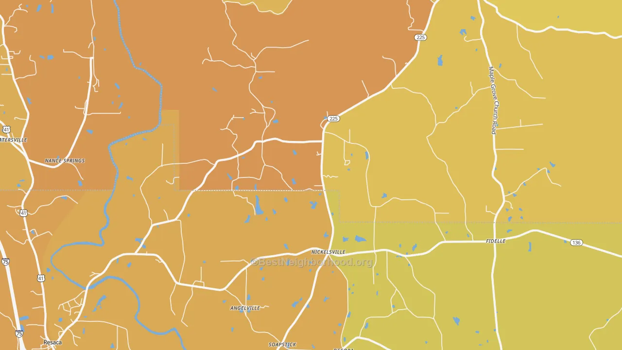 Map of the best neighborhoods in the Nickelsville area, with better matches in green and worse matches in red