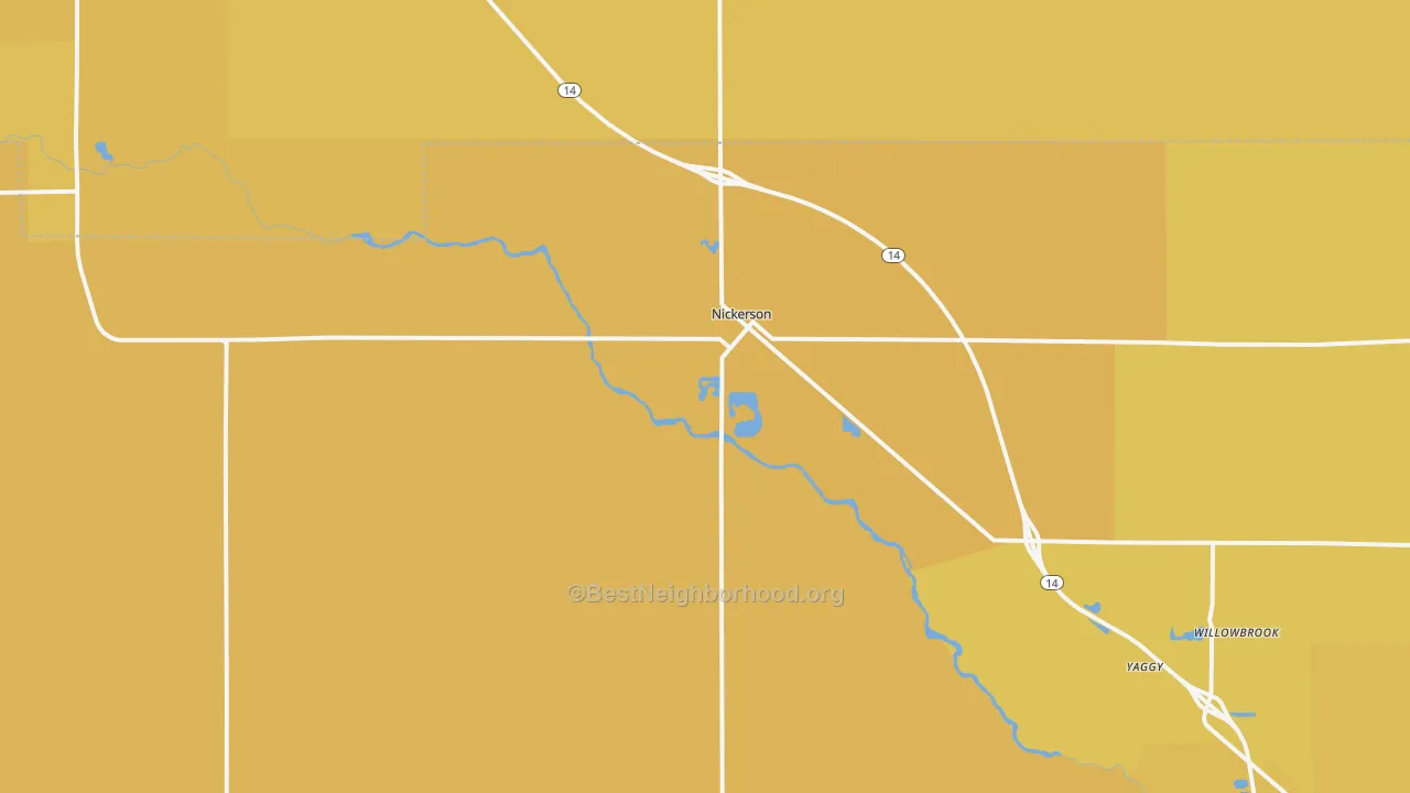 Map of the best neighborhoods in the Nickerson area, with better matches in green and worse matches in red
