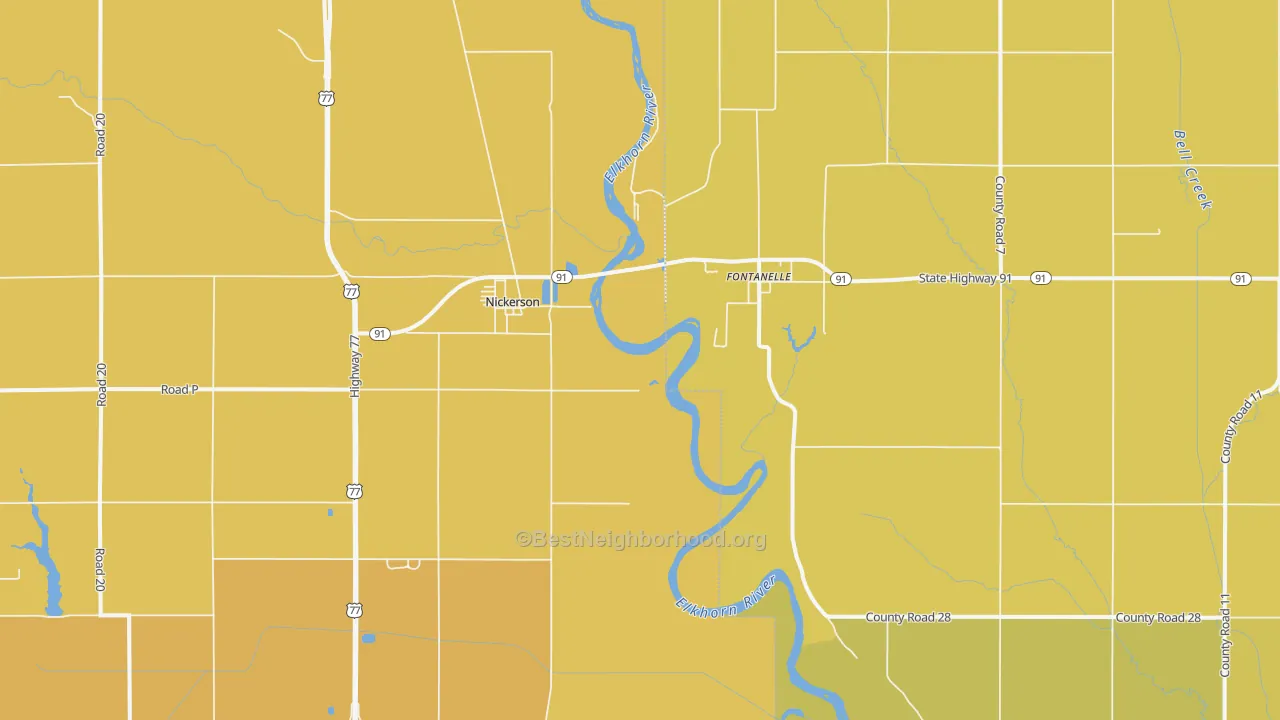 Map of the best neighborhoods in the Nickerson area, with better matches in green and worse matches in red