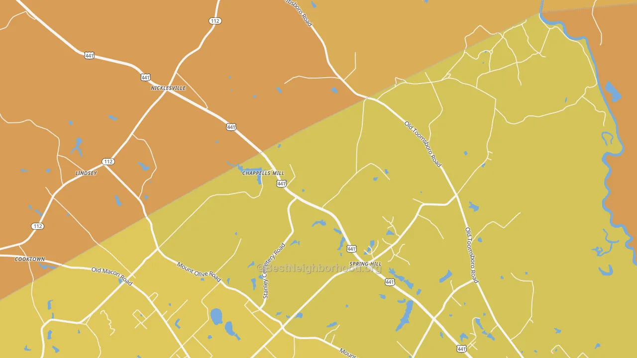 Map of the best neighborhoods in the Nicklesville area, with better matches in green and worse matches in red
