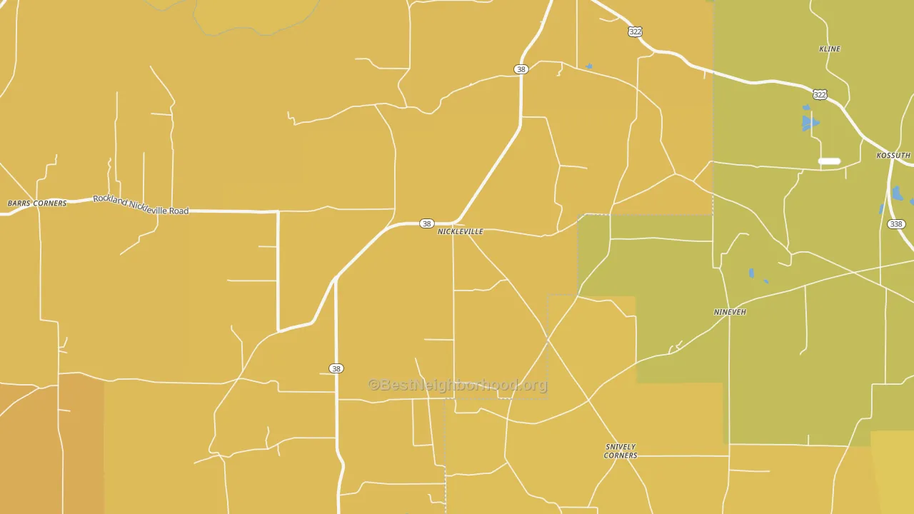 Map of the best neighborhoods in the Nickleville area, with better matches in green and worse matches in red