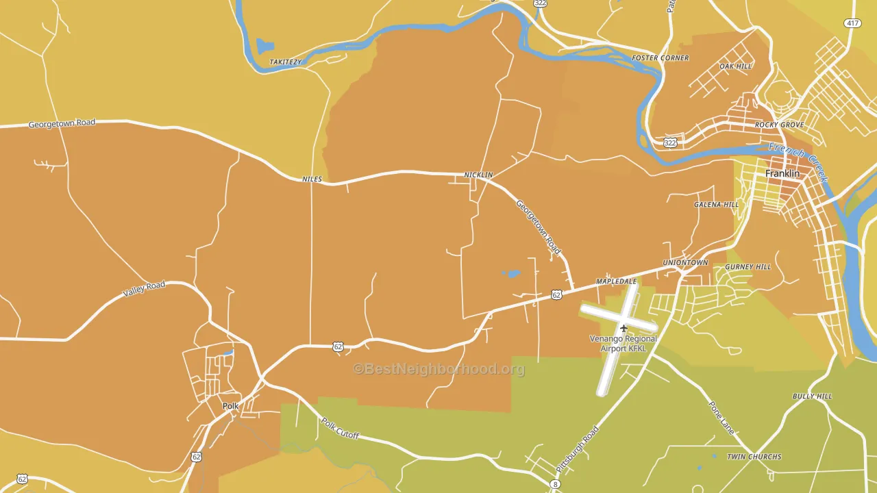 Map of the best neighborhoods in the Nicklin area, with better matches in green and worse matches in red