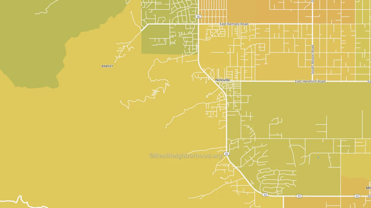 Map of the best neighborhoods in the Nicksville area, with better matches in green and worse matches in red