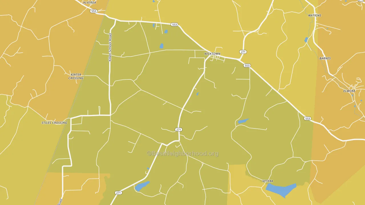 Map of the best neighborhoods in the Nicktown area, with better matches in green and worse matches in red
