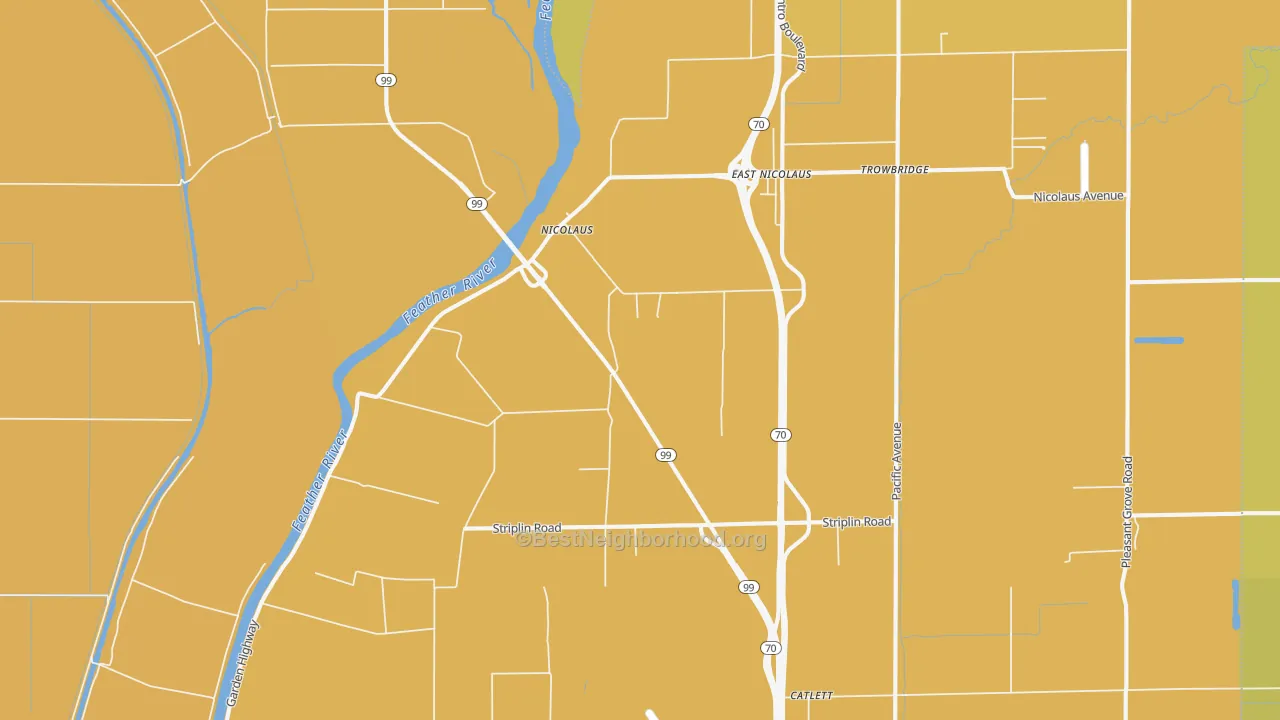 Map of the best neighborhoods in the Nicolaus area, with better matches in green and worse matches in red