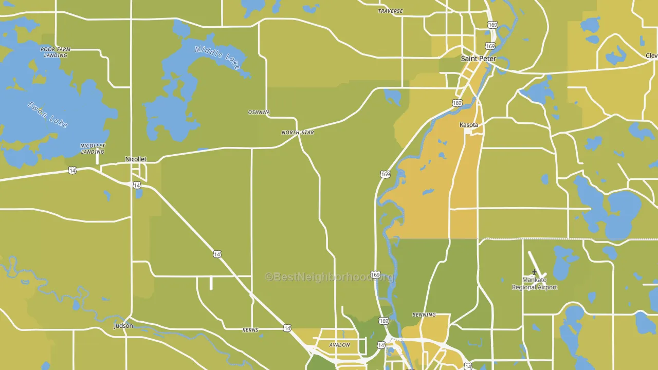 Map of the best neighborhoods in the Nicollet County area, with better matches in green and worse matches in red