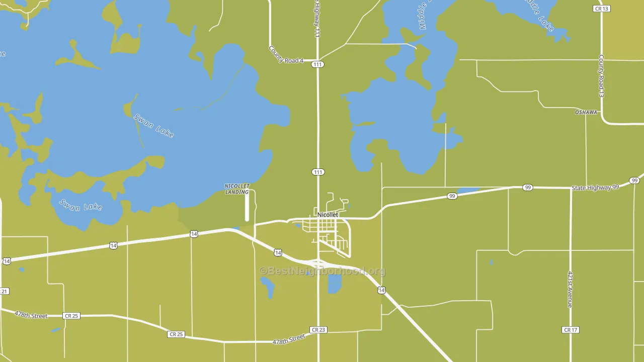 Map of the best neighborhoods in the Nicollet area, with better matches in green and worse matches in red