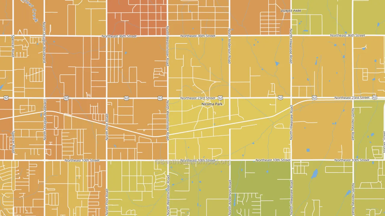 Map of the best neighborhoods in the Nicoma Park area, with better matches in green and worse matches in red
