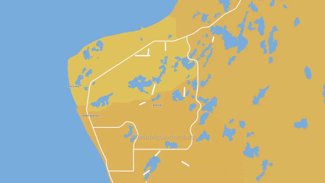 Map of the best neighborhoods in the Nikiski area, with better matches in green and worse matches in red